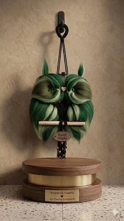 Hand-made wooden owl ornament with green and white feathers, suspended from a black hook above a wooden base