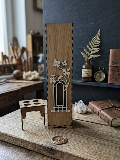Wooden decorative display with laser-cut floral arch design on dark shelf, surrounded by natural home decor items