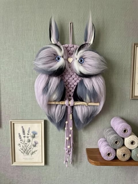 Decorative macrame owl wall hanging with lavender and gray fibers, pointed ears, blue eyes, and a tassel tail on a textured green wall