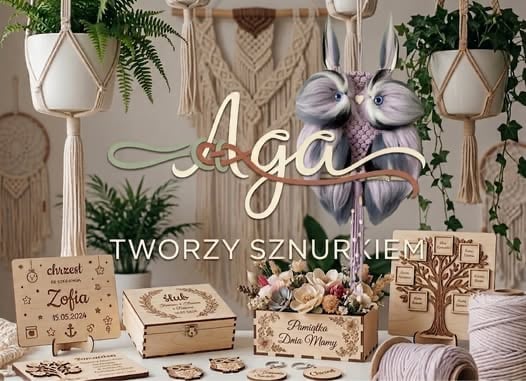 Boho-chic home decor display with neon Aga sign, hanging planters, macrame, dried flowers, wooden craft items, and decorative accessories