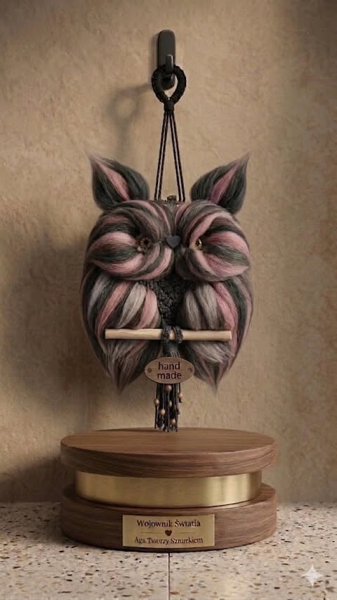 Hand-made wooden owl sculpture with pink and black feathers mounted on a round wooden base with brass accent ring