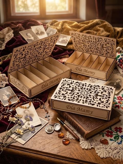 Wooden jewelry boxes with decorative damask patterns labeled Dla Mamy, containing compartments and displaying vintage photographs and jewelry on a wooden table