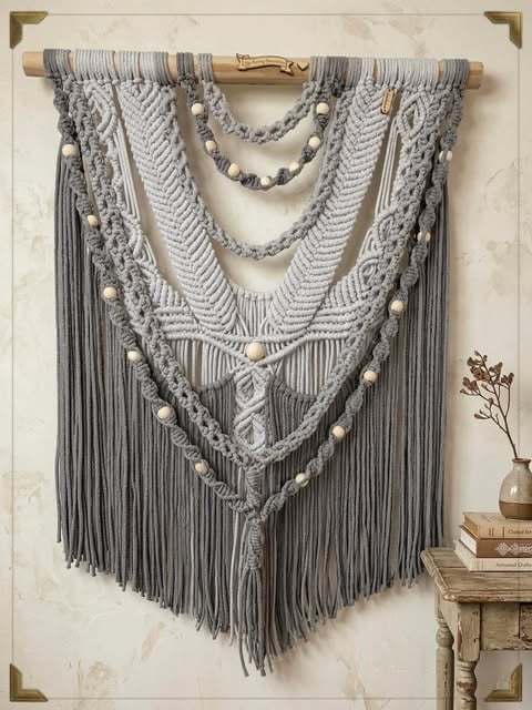 Gray macrame wall hanging with layered fringe suspended from a wooden rod on a white wall, decorated with beads