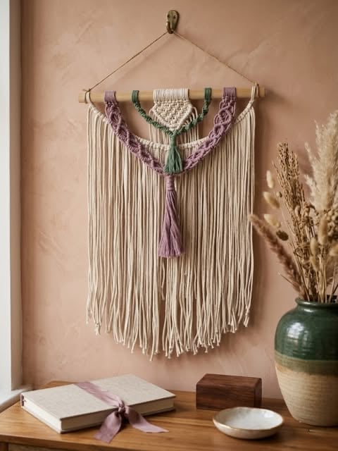 Macramé wall hanging with cream fringe, purple and green accents, displayed above a wooden table with books, a ceramic vase, and dried flowers