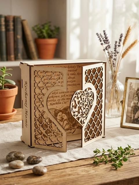 Decorative laser-cut wooden book-shaped box with intricate patterns and heart design on a desk with plants and books
