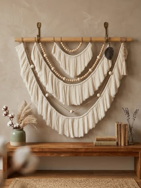 Macrame wall hanging with cream fringe and beaded garlands above wooden console table with decorative items