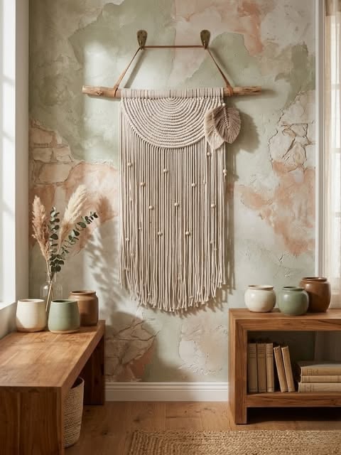 Boho macrame wall hanging with fringe and wooden rod above wooden furniture and dried pampas grass decor