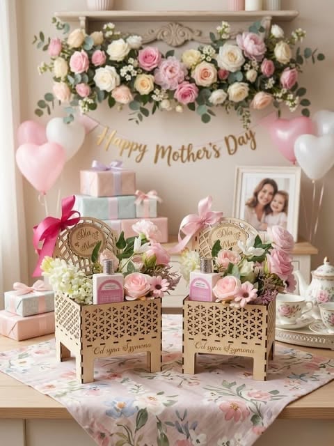 Elegant Mothers Day display with floral garland, pink and white roses, gift boxes, balloons, and personalized decorations on a dresser