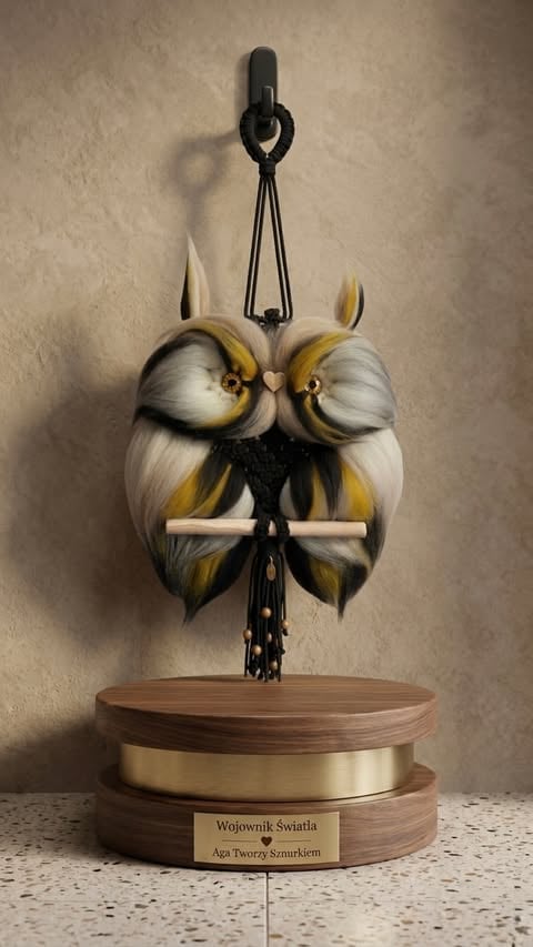 Decorative wooden sculpture of an owl with gold and white striped feathers on a round wooden base with a metal plaque