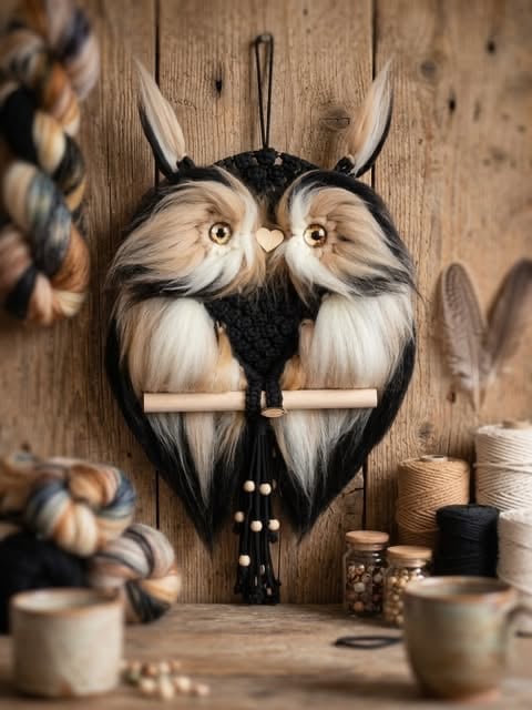Decorative owl wall hanging with white feathered face and black horns mounted on wooden wall with craft supplies nearby