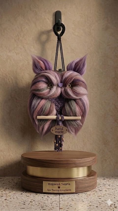 Whimsical handmade ornament featuring a purple-haired owl face suspended from wooden base with hand-made tag