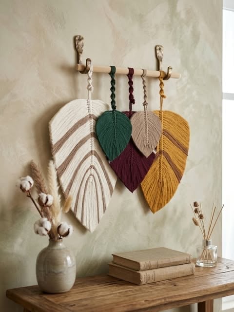 Macrame leaf wall hanging in earth tones displayed on wooden shelf with cotton stems, books, and dried flowers