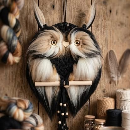 Decorative owl wall mount with black horns, white facial feathers, and wooden perch on rustic wooden backdrop