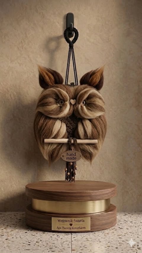 Handmade decorative owl sculpture made from braided hair with wooden base and hanging chain ornament