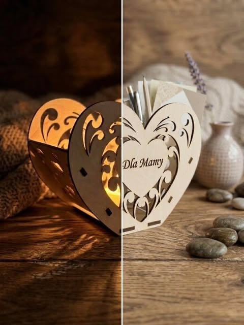 Split image showing a decorative paper light lantern with ornate cutout patterns, glowing with warm light on left, and unlit white paper version with Dla Mamy text on right