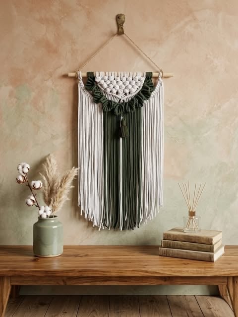 Macramé wall hanging with white and dark green fringe above wooden desk with potted flowers, books, and decorative items